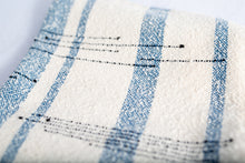 Load image into Gallery viewer, This beautiful &#39;vieux bleu&#39; or antique blue pairs well with the natural colored cotton yarn and woven together with natural cotton bouclé  yarn.  The bouclé  yarn adds an extra texture to this wonderful handmade cloth.  You really have to feel it to believe it!   Image by Second Star Photography, Whitecourt, Alberta.
