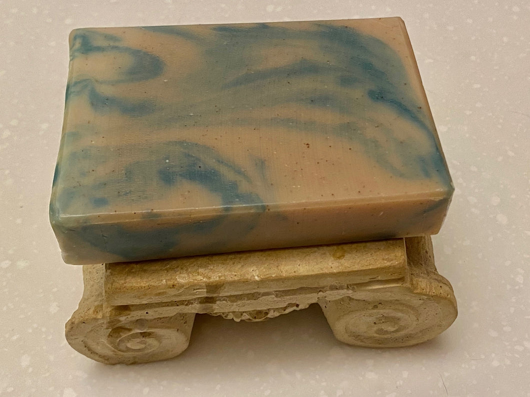 This handcrafted soap has everything you'd ever want in a soap - moisturizing qualities along with a number of different exfoliants.  The fragrance is reminiscent of wood, leather with just a hint of tobacco.  Truly a rustic soap with all of the attributes a modern soap can provide!